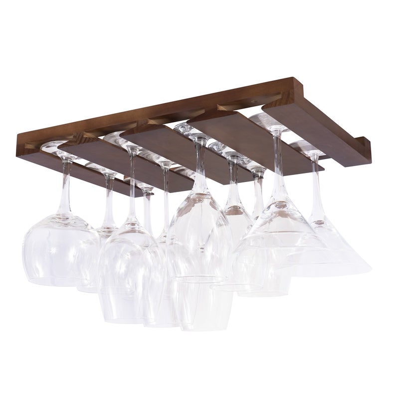 Rustic State Eze 4 Sectional Under Cabinet Mount Wood Stemware Rack Hanging Shelf Glassware Holder Bar Organizer with up to 12 Wine Glass Storage 12 Inch Deep Chestnut - Image 1
